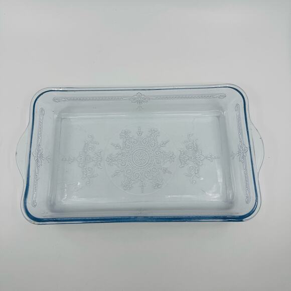 Vintage Fire King Small Glass Bakers Light Blue & Clear Glass w/ Embossed Flower - Picture 3 of 8